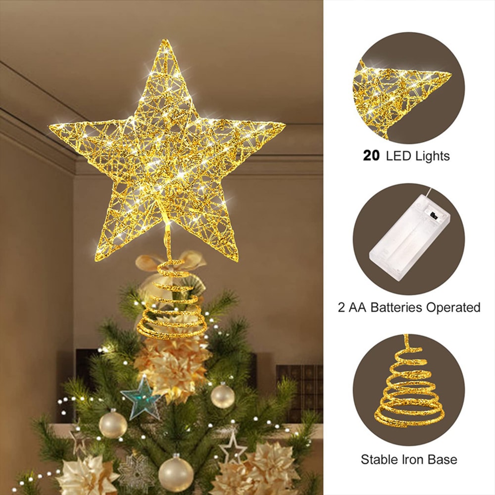 Star Tree Topper For Christmas With 20 LED Lights BatteryPowered Glitter Metal Decoration For Holid 4