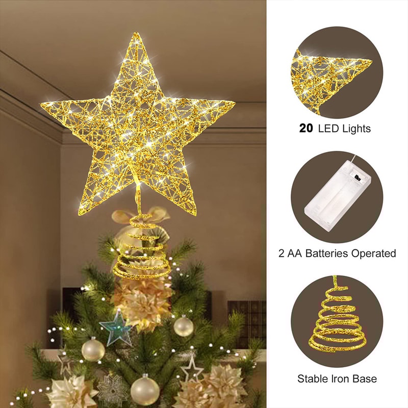 Star Tree Topper For Christmas With 20 LED Lights BatteryPowered Glitter Metal Decoration For Holid 4