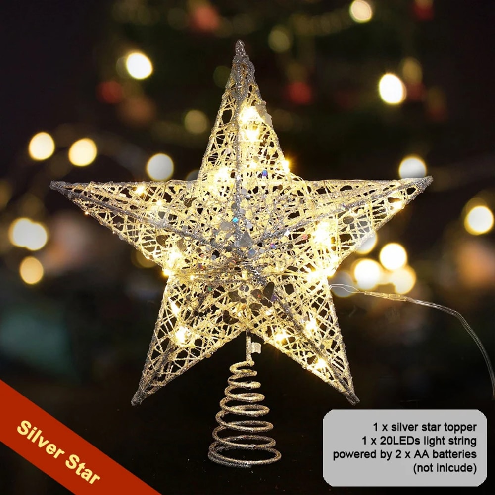 Star Tree Topper For Christmas With 20 LED Lights BatteryPowered Glitter Metal Decoration For Holid 7