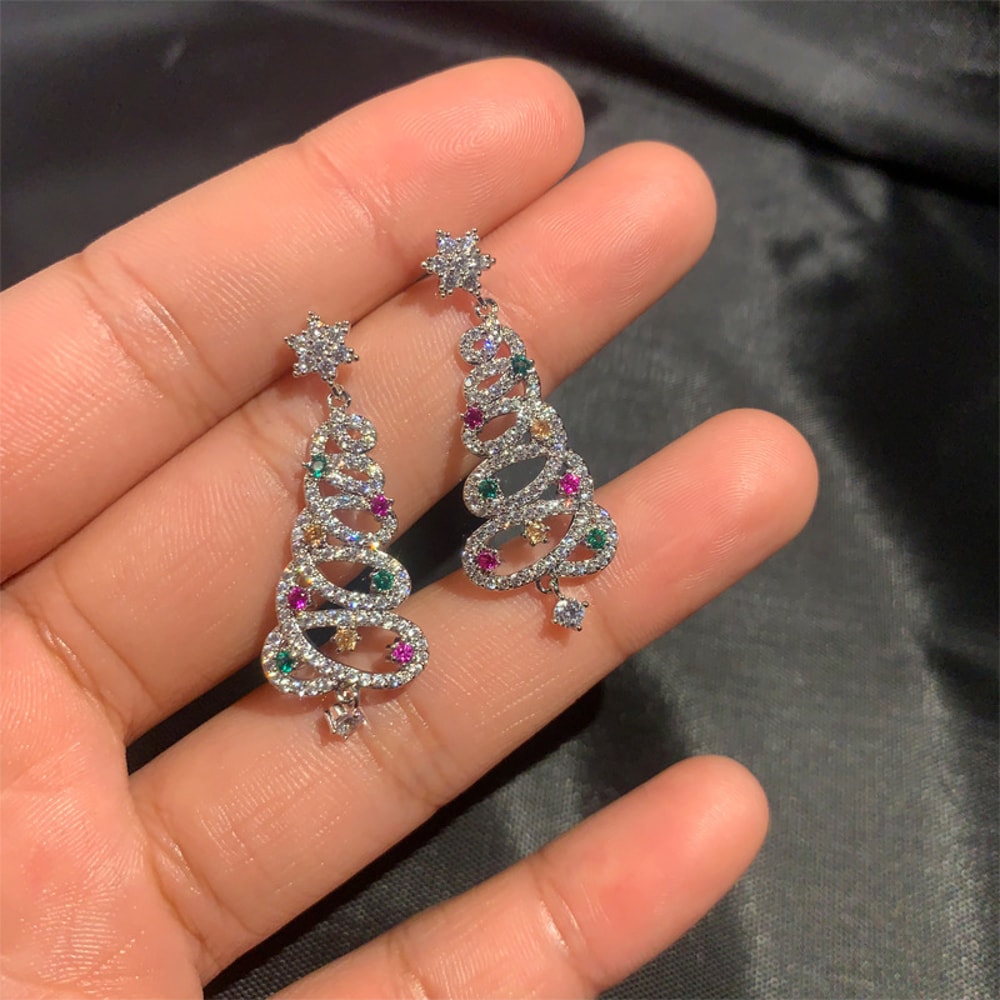 Colorful Rhinestone Star Xmas Tree Earrings for Women, Fashion Crystal Zircon Dangle Earrings, Party Jewelry for Girls
