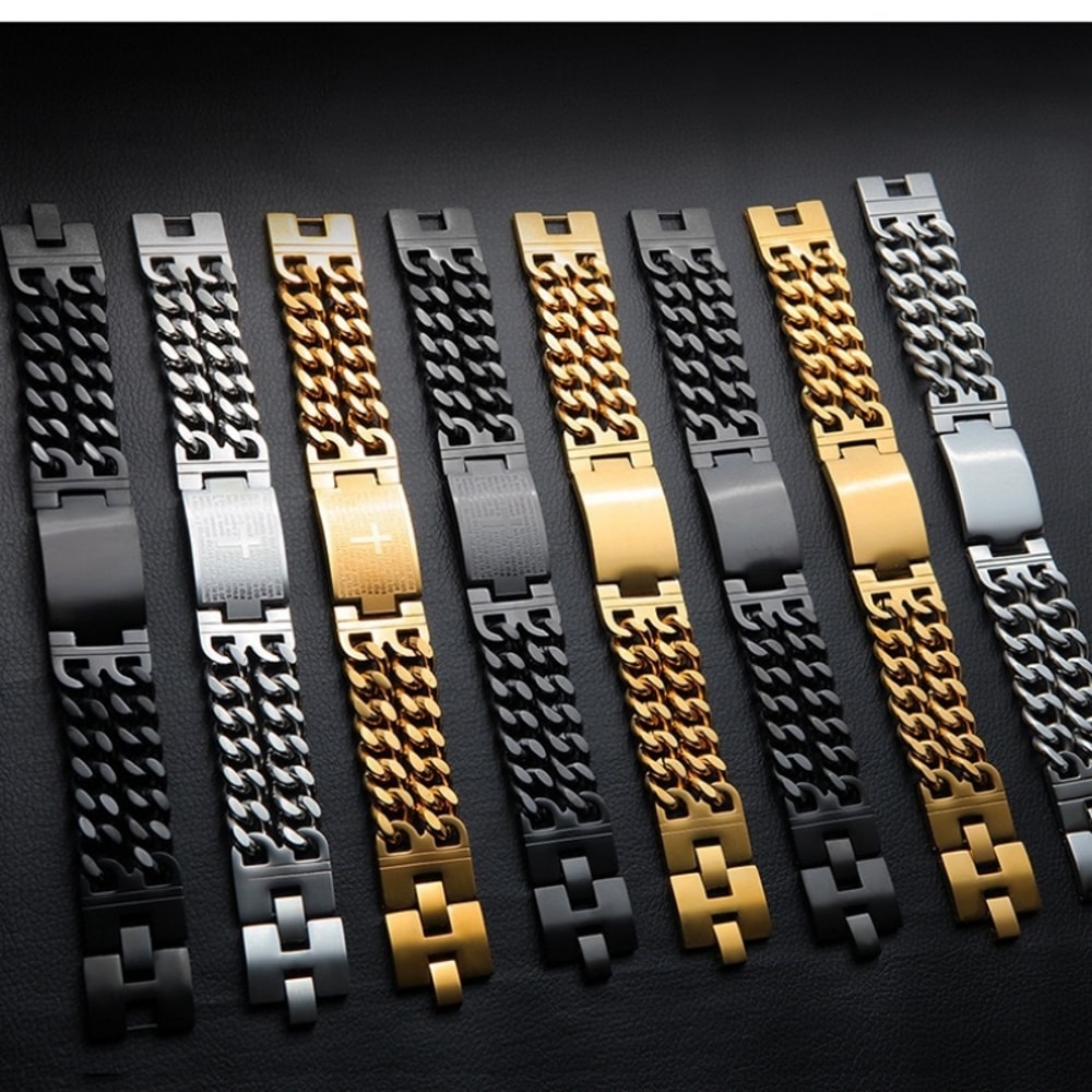 Stainless Steel Cuban Chain Cross Bracelet Width Men Jewelry Hand Chain Wrap Punk Accessory 5