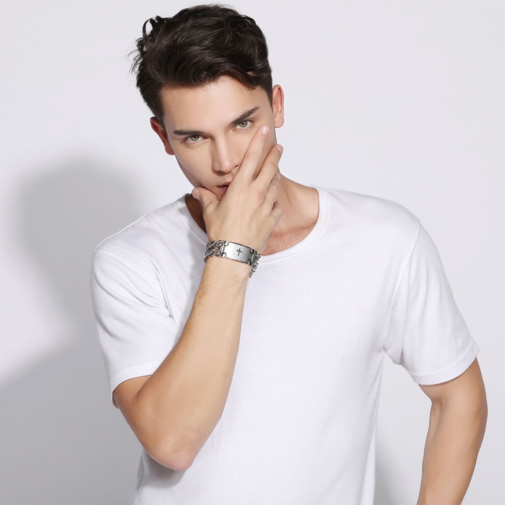 Stainless Steel Cuban Chain Cross Bracelet Width Men Jewelry Hand Chain Wrap Punk Accessory 7