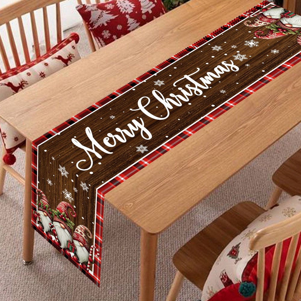 Christmas Table Runner Wood Grain Decorations Gnome Christmas Table Cover 3