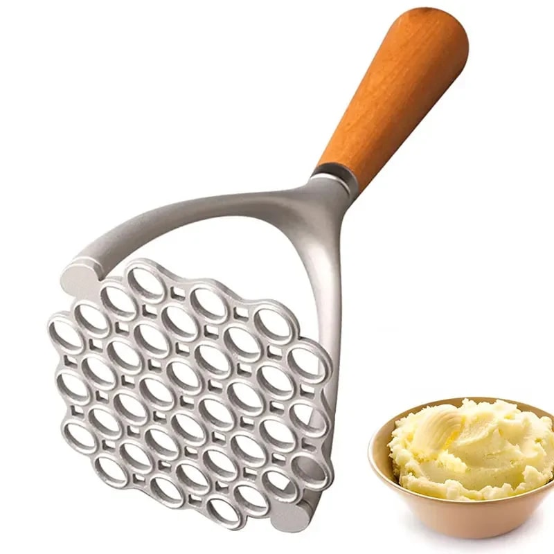 Manual Potato Masher Tool, Aluminum Meat Press with Wood Handle, Garlic Crusher Gadget