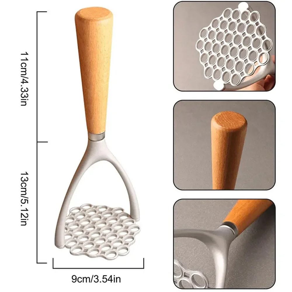 Manual Potato Masher Tool, Aluminum Meat Press with Wood Handle, Garlic Crusher Gadget