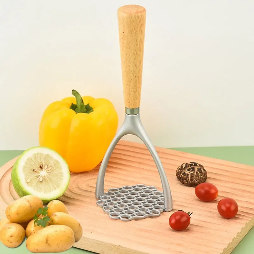 Manual Potato Masher Tool, Aluminum Meat Press with Wood Handle, Garlic Crusher Gadget
