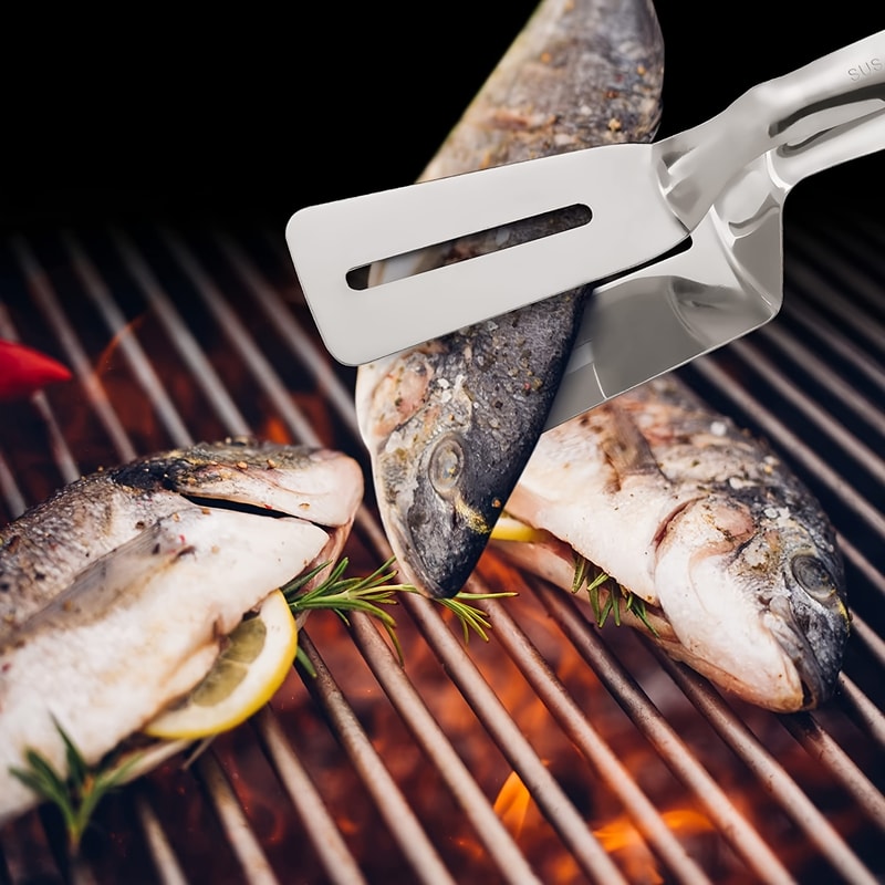Kitchen Barbecue Tongs, Stainless Steel Food Flipping Clamp for BBQ, Pizza, Fish, Steak, Non-Stick Grilling Tools