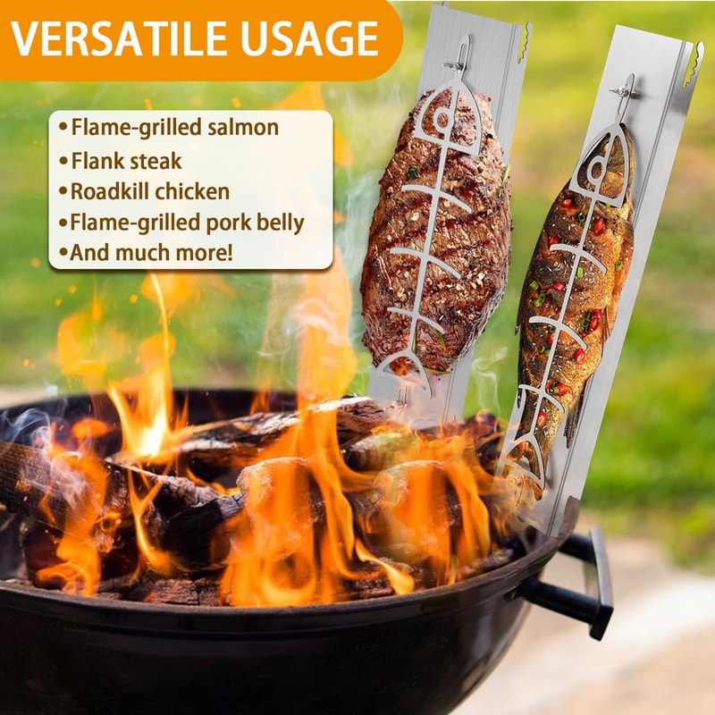 Adjustable Flame Salmon Holder Stainless Steel Cooking Rack for BBQ Fish Grilling