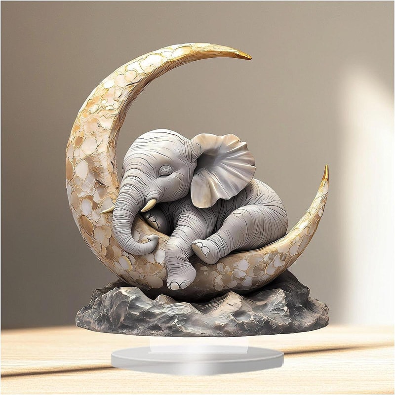 Cute Elephant Sleeping on The Moon Animal Present Acrylic Ornament for Bookshelf