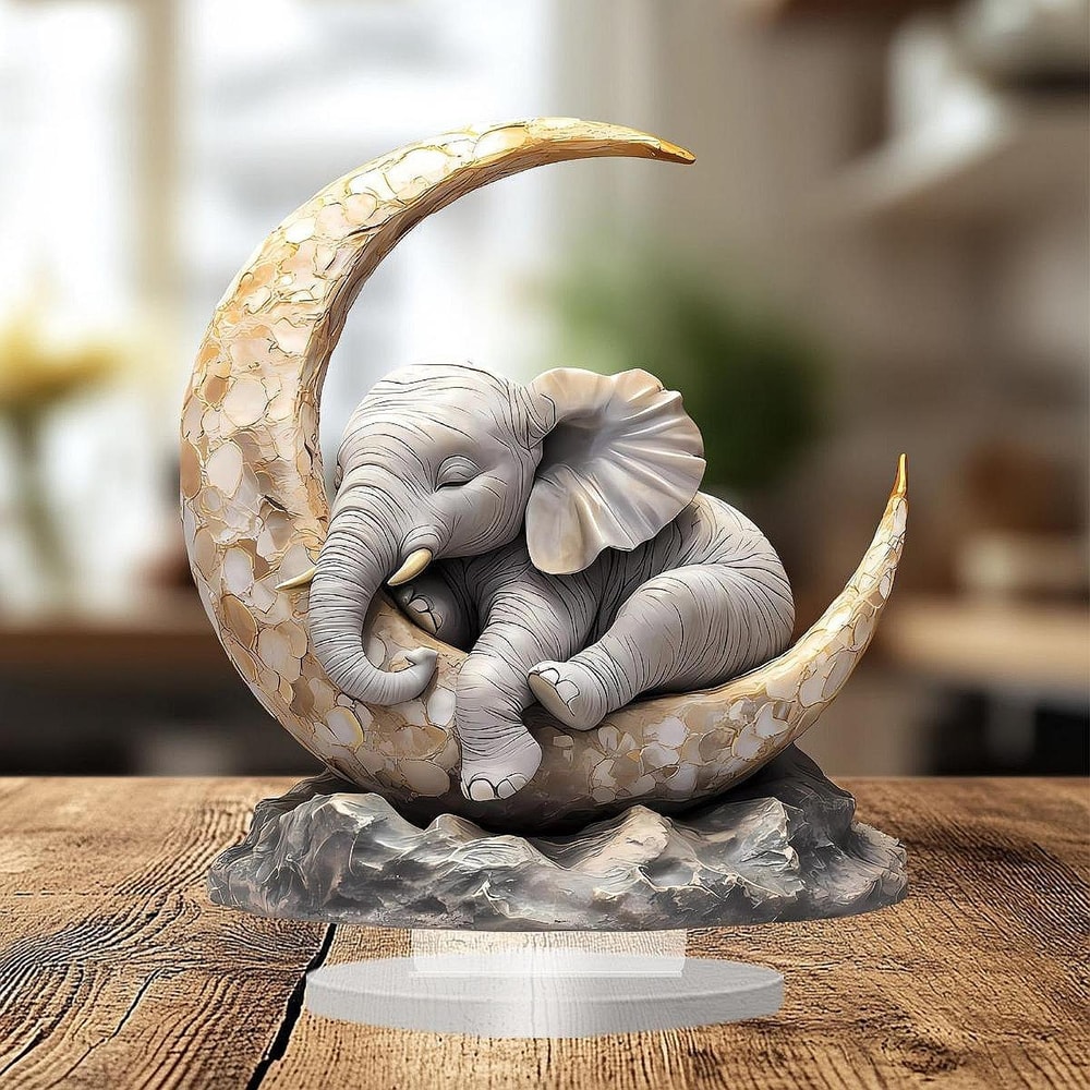 Cute Elephant Sleeping on The Moon Animal Present Acrylic Ornament for Bookshelf