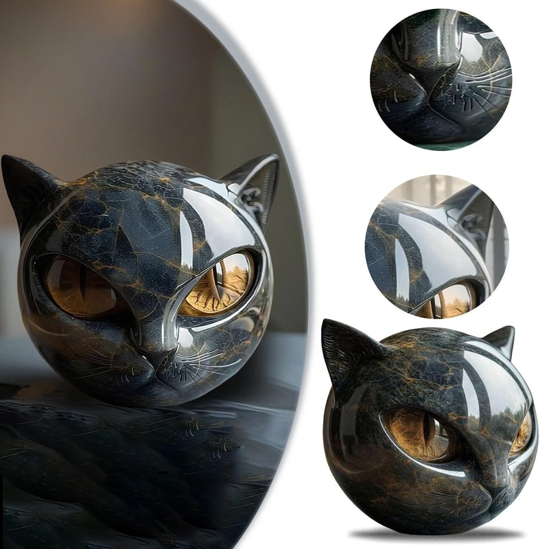 Resin Cat Head Healing Stone Decorative Black Cat Stone Figurine Marble Texture Keepsake Gift For O 5