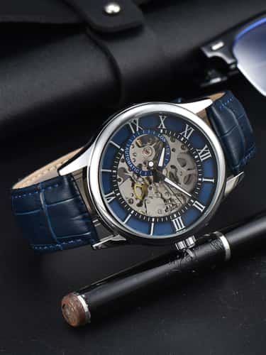 Waterproof Hollow Leather Men's Watch Automatic Mechanical Rome Watch