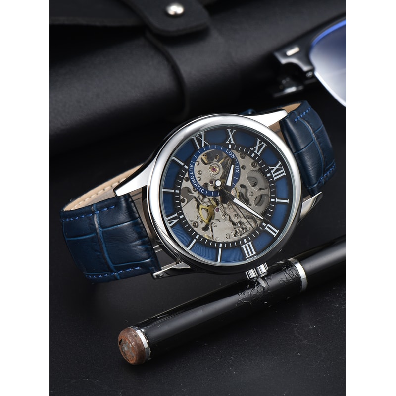 Waterproof Hollow Leather Mens Watch Automatic Mechanical Rome Watch 0