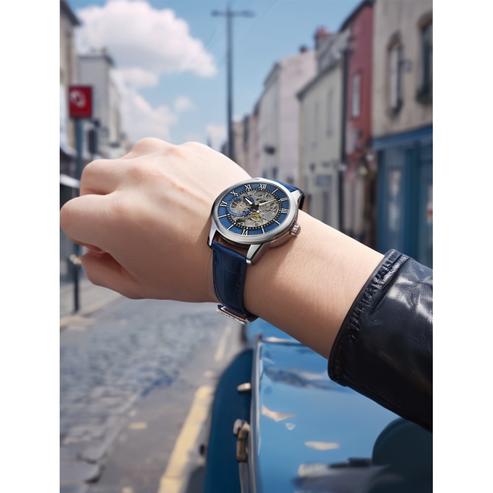 Waterproof Hollow Leather Mens Watch Automatic Mechanical Rome Watch 1