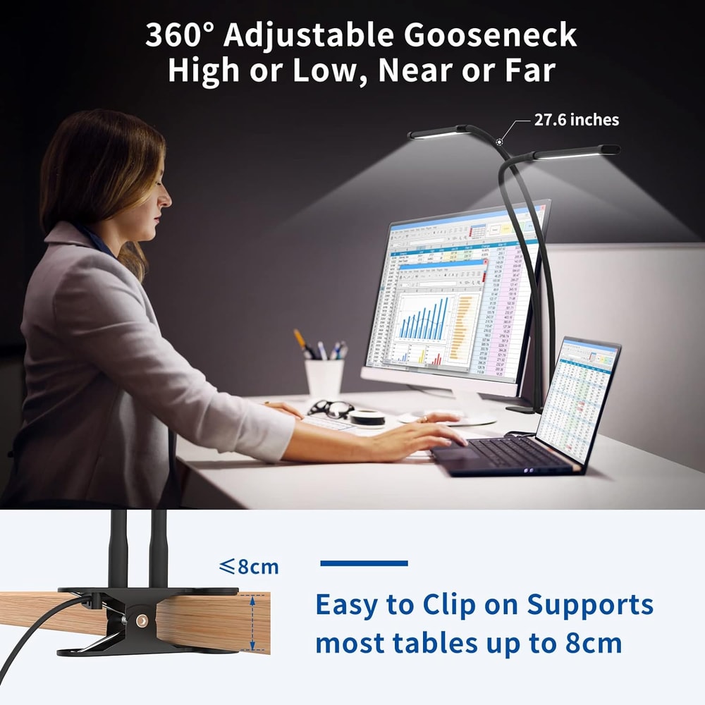 Clip-on Desk Lamp for Study, Lighting Modes, Flexible Gooseneck, Eye-Care Reading Lamp, USB Powered with Brightness