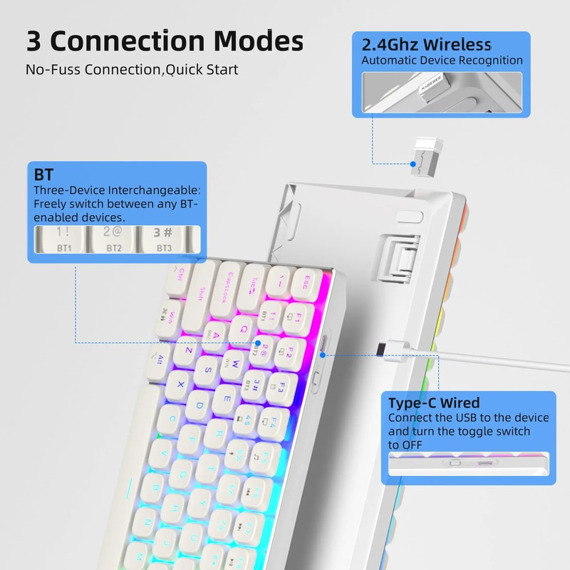 Wireless RGB Mechanical Keyboard Moon84 24GHz Bluetooth USBC Wired Office White Triple Mode For PC 1