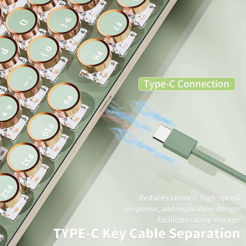 Punk Typewriter Mechanical Gaming Keyboard LED White Backlit Round Keycaps KeyWire Separation 4