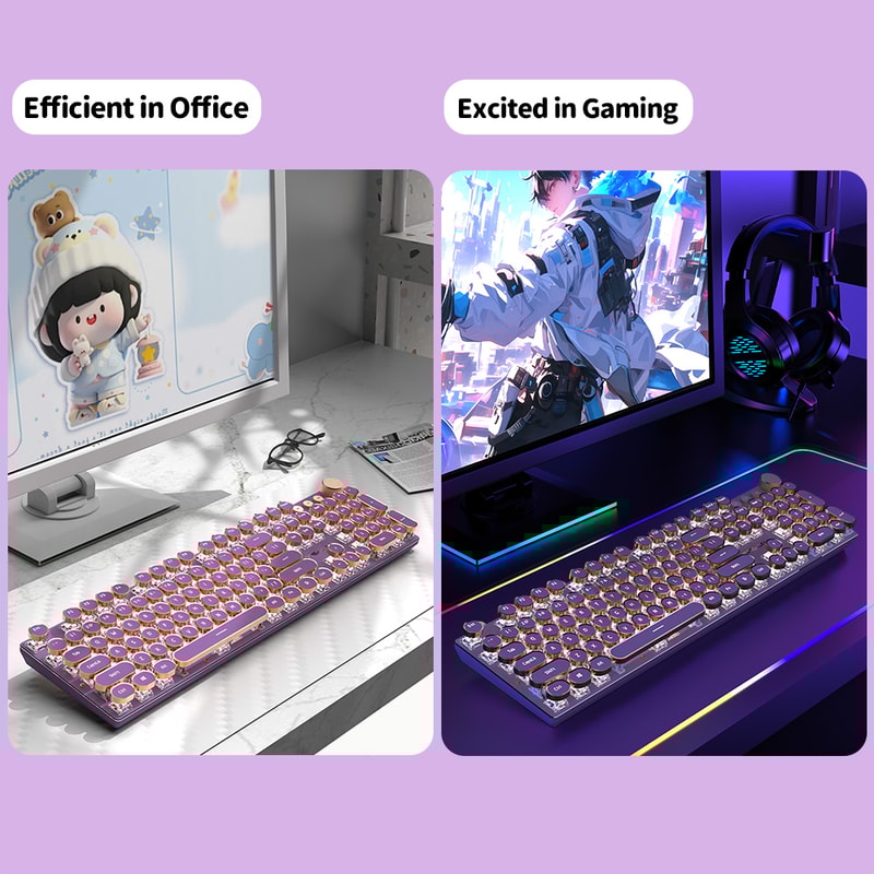 Punk Typewriter Mechanical Gaming Keyboard LED White Backlit Round Keycaps KeyWire Separation 6