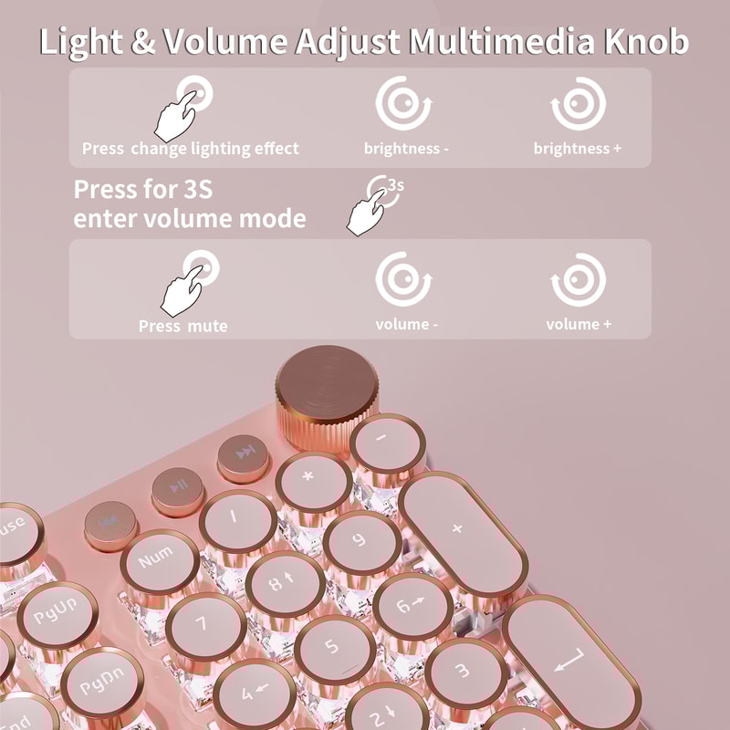 Punk Typewriter Mechanical Gaming Keyboard LED White Backlit Round Keycaps KeyWire Separation 7