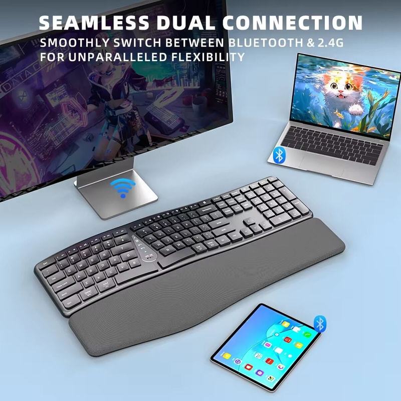Comfortable Wireless Ergonomic Keyboard With Palm Rest MultiDevice Rechargeable Bluetooth Keyboard 2