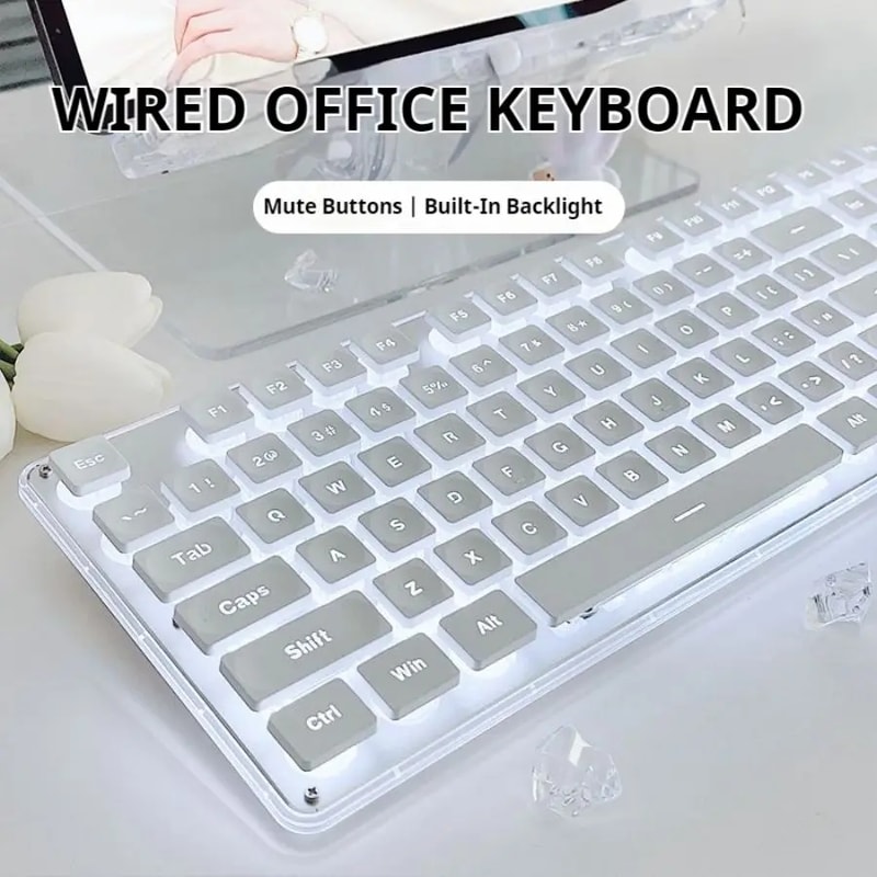 Silent Office Keyboard Wired With Water Drop Keycaps AllMetal Panel For Gaming And Office Use White 0
