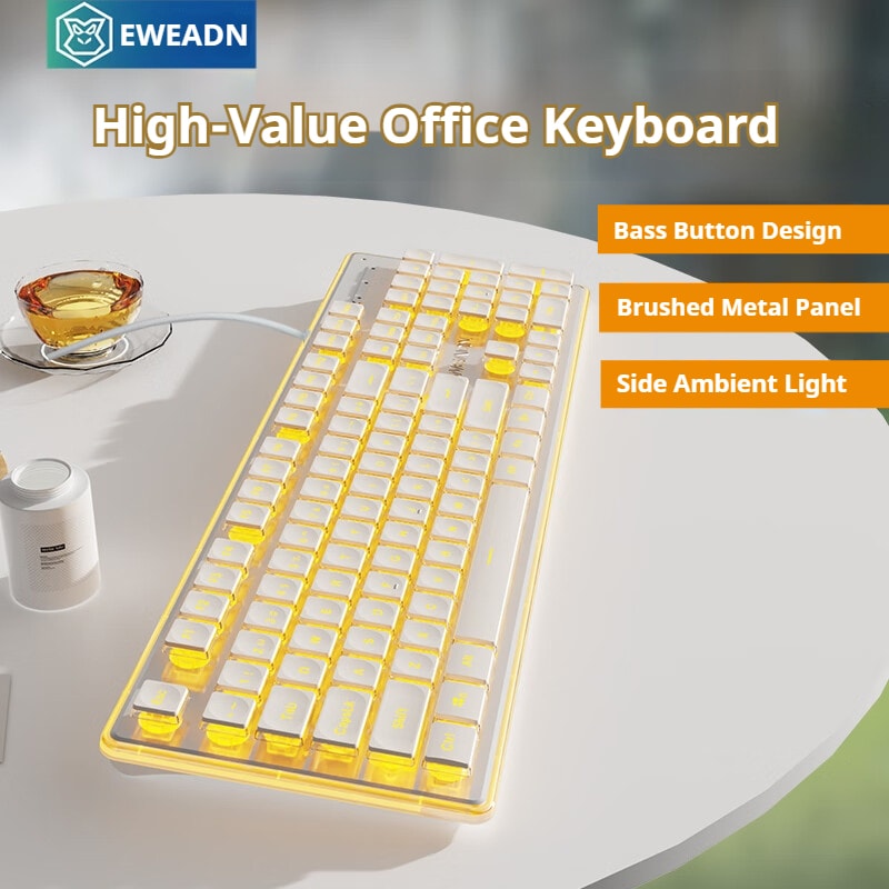 Silent Office Keyboard Wired With Water Drop Keycaps AllMetal Panel For Gaming And Office Use White 3