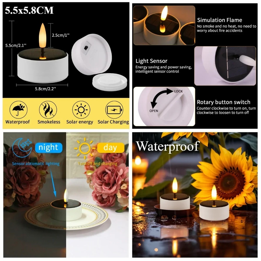 Solar Candles Waterproof Reusable LED Tea Light Candles Dusk To Dawn Lighting For Lanterns Garden 4