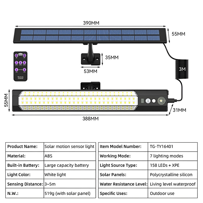 Motion Sensor Solar Light, Waterproof LED Lamp, Rechargeable Security Lighting for Yard, Fence, Shed, Outdoor Use