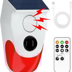solar motion sensor outdoor alarm, adjustable sensitivity motion activated alarm, waterproof siren light for home, farm,