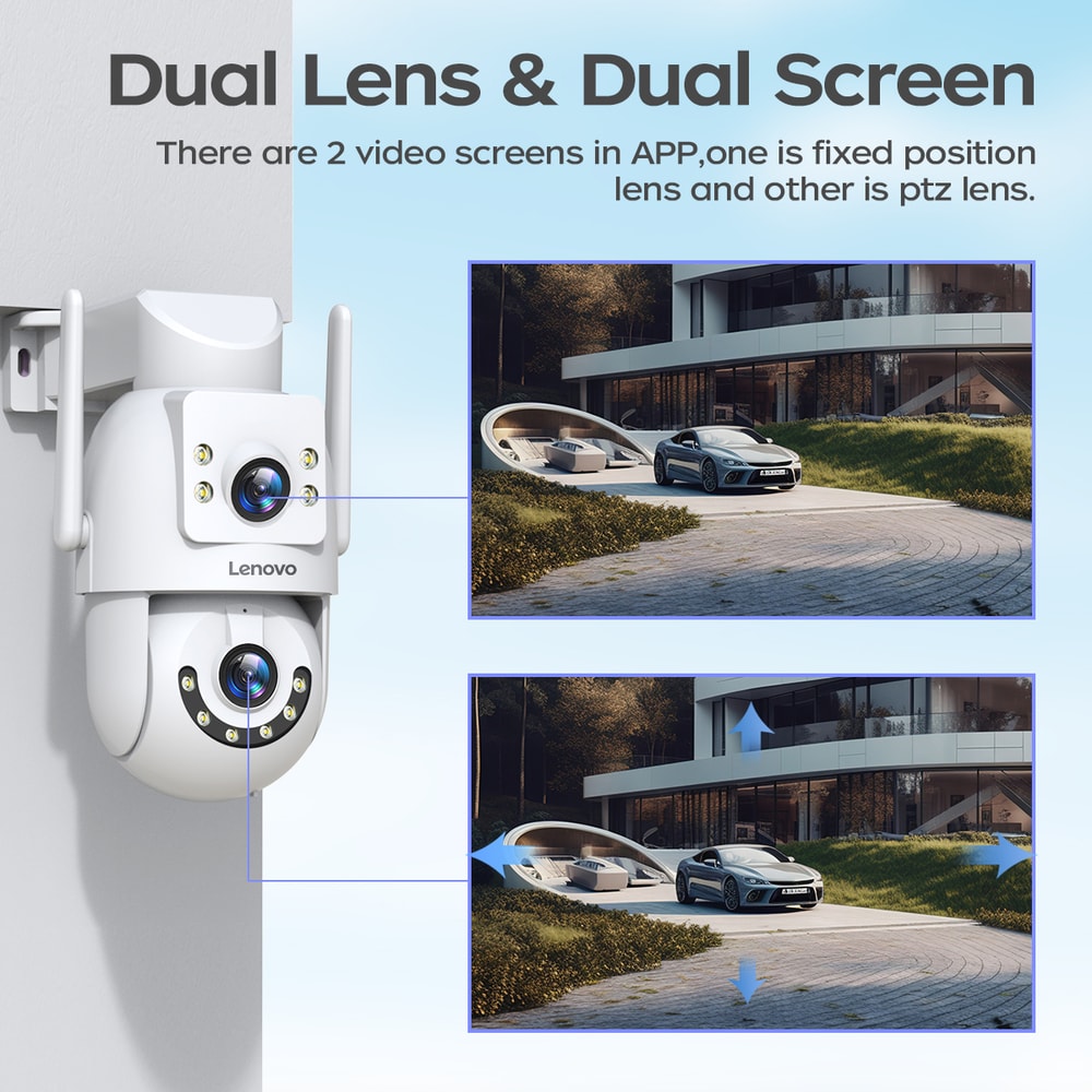 WiFi Outdoor Dual Lens Camera, WiFi Surveillance, PTZ Auto Tracking, ONVIF Security CCTV Camera with Audio Video Feat
