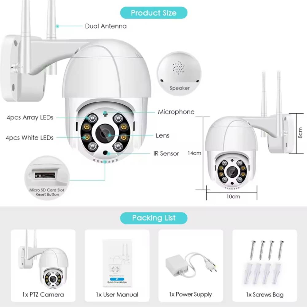 Wireless WIFI IP Camera, Speed Dome Auto Tracking, Smart Home Outdoor Surveillance Camera