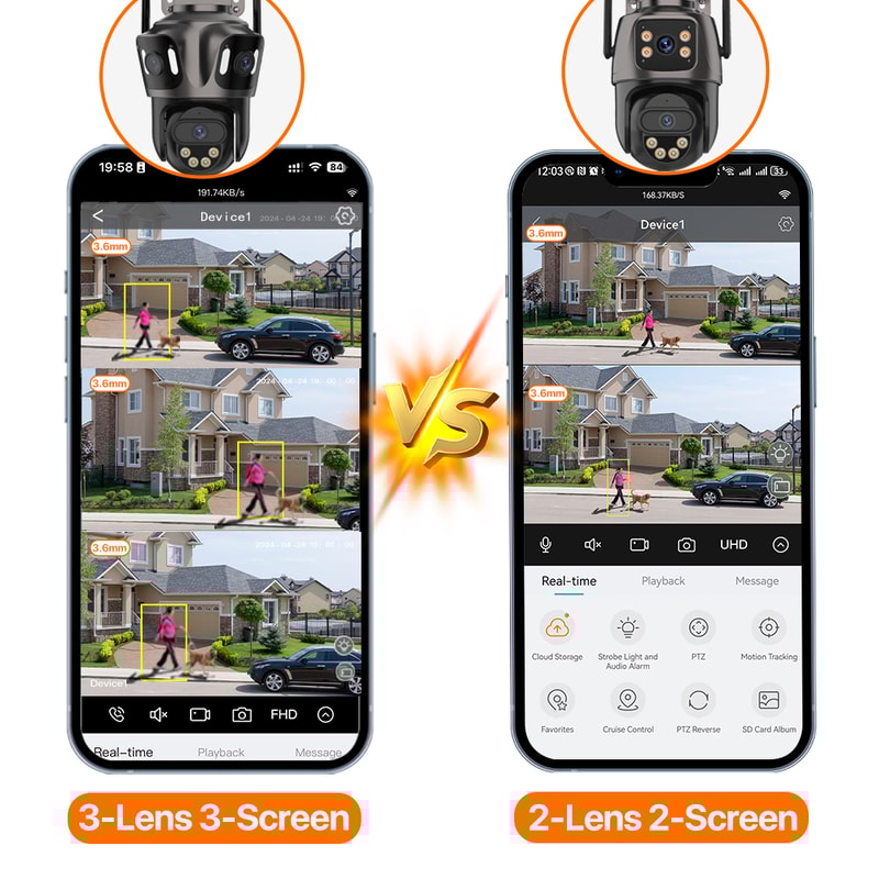 Outdoor Dual Lens PTZ Camera Three Screen WIFI IP Camera ICsee Video Security AI Human Detection 3