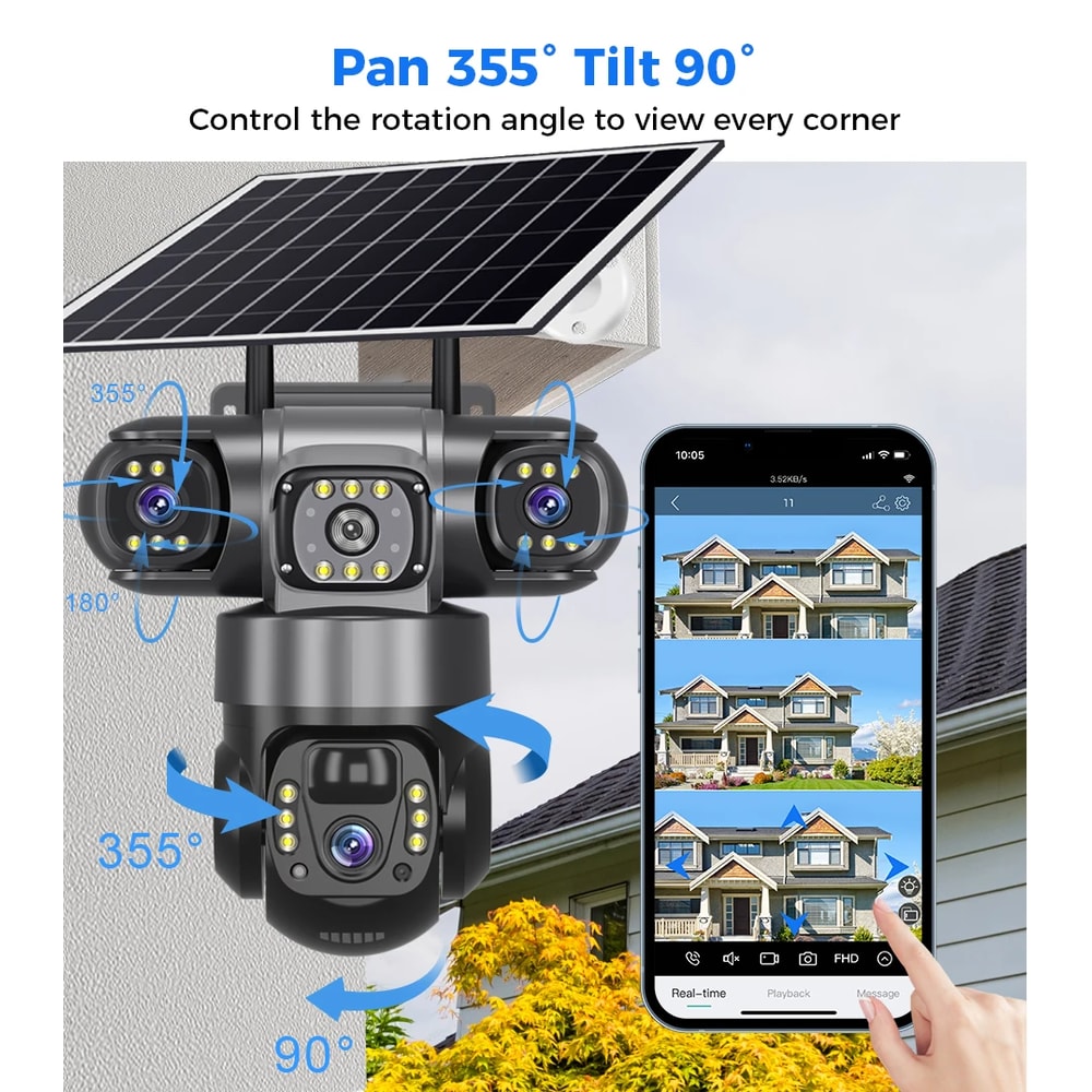 Solar Camera Outdoor Triple Lens With Zoom PIR Motion Detection CCTV Surveillance Smart Alerts 1