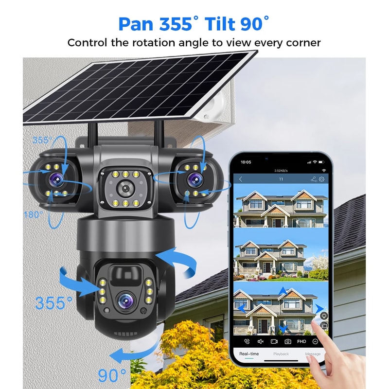 Solar Camera Outdoor Triple Lens With Zoom PIR Motion Detection CCTV Surveillance Smart Alerts 1