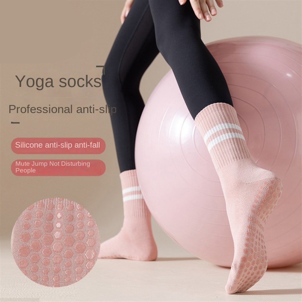 Women's Yoga Socks, Anti-Slip Pilates Socks, Skipping Rope Sports Socks, Double Bar Mid Leg Socks for Indoor Workouts