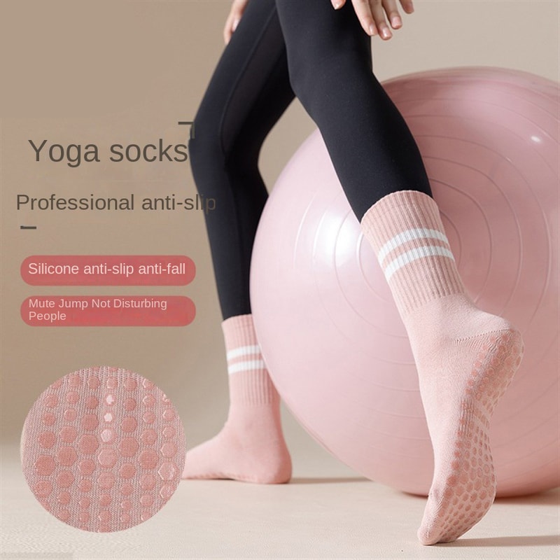 Women's Yoga Socks, Anti-Slip Pilates Socks, Skipping Rope Sports Socks, Double Bar Mid Leg Socks for Indoor Workouts