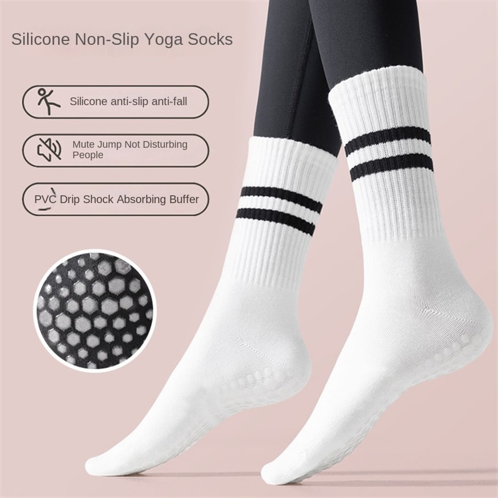 Women's Yoga Socks, Anti-Slip Pilates Socks, Skipping Rope Sports Socks, Double Bar Mid Leg Socks for Indoor Workouts