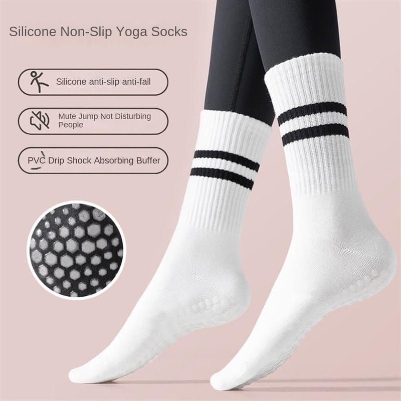 Women's Yoga Socks, Anti-Slip Pilates Socks, Skipping Rope Sports Socks, Double Bar Mid Leg Socks for Indoor Workouts