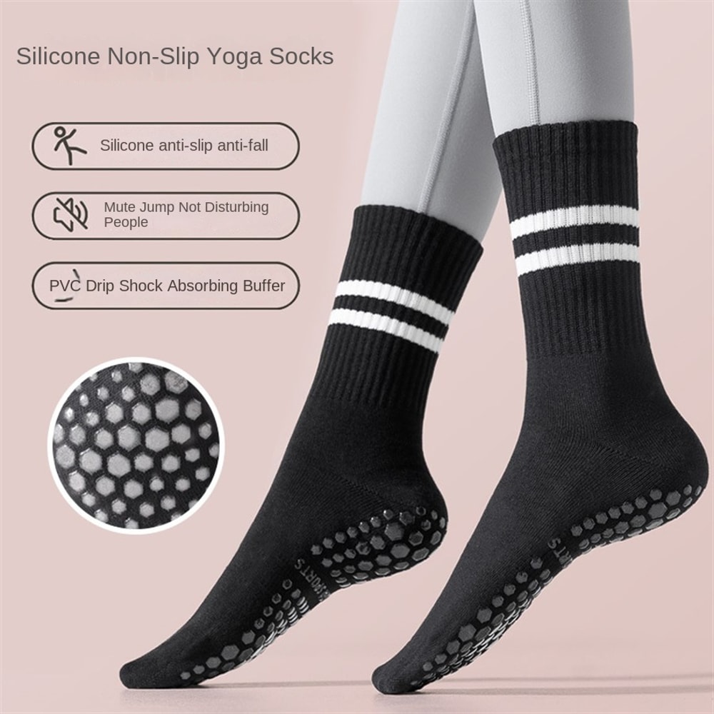 Women's Yoga Socks, Anti-Slip Pilates Socks, Skipping Rope Sports Socks, Double Bar Mid Leg Socks for Indoor Workouts