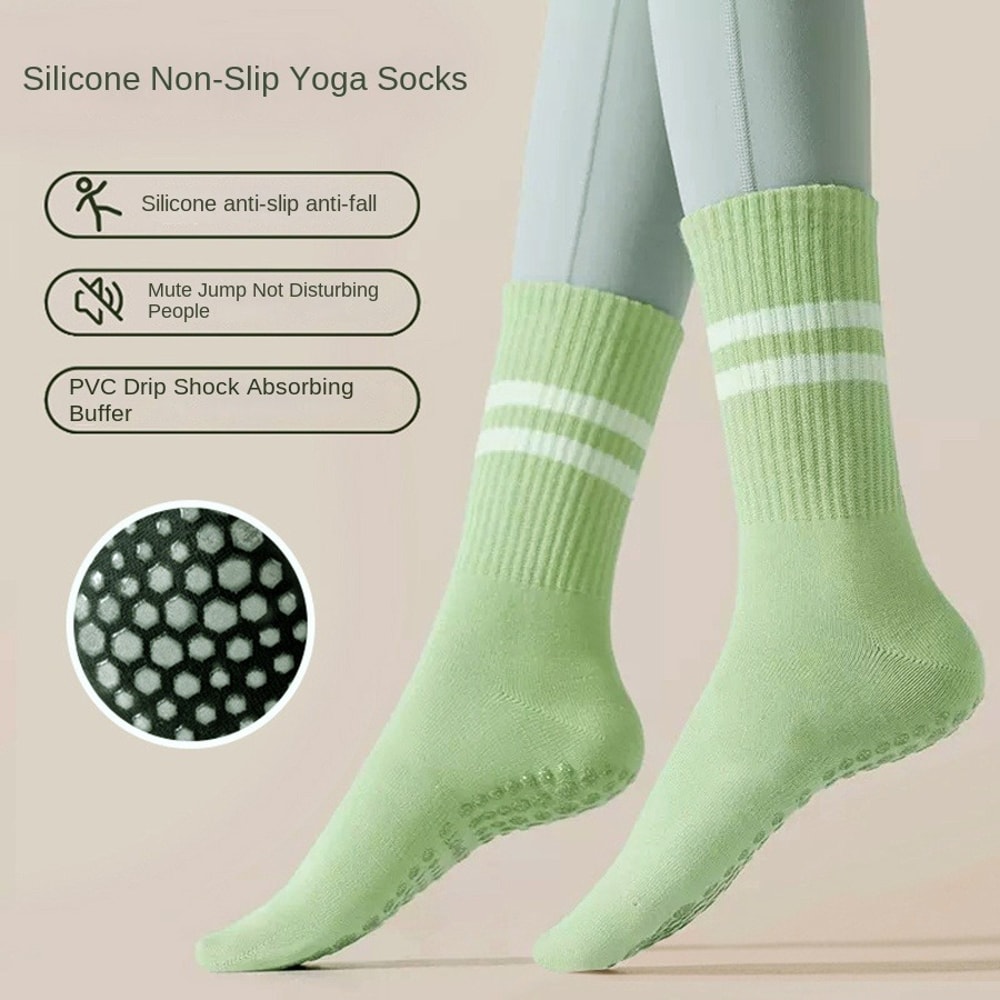 Women's Yoga Socks, Anti-Slip Pilates Socks, Skipping Rope Sports Socks, Double Bar Mid Leg Socks for Indoor Workouts