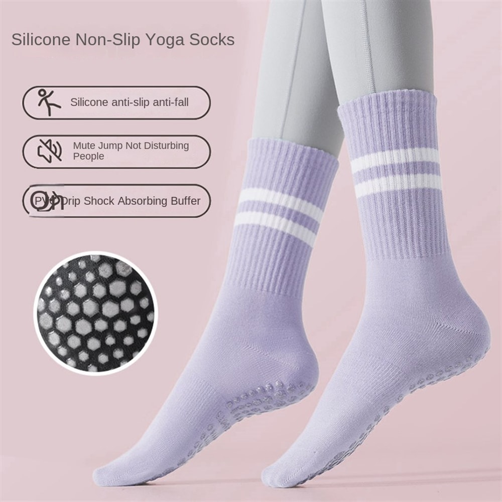 Women's Yoga Socks, Anti-Slip Pilates Socks, Skipping Rope Sports Socks, Double Bar Mid Leg Socks for Indoor Workouts