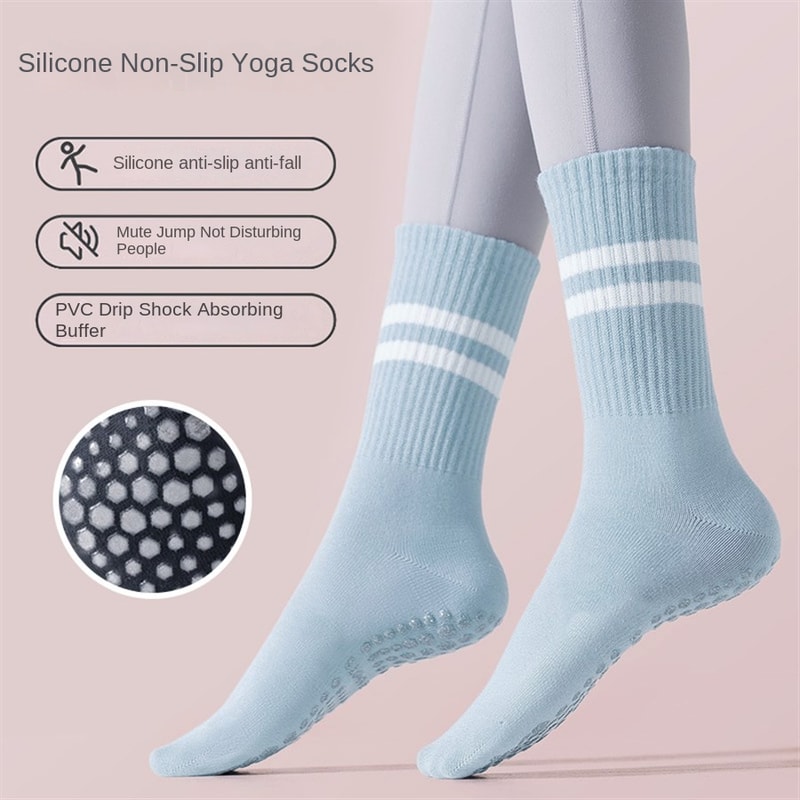 Women's Yoga Socks, Anti-Slip Pilates Socks, Skipping Rope Sports Socks, Double Bar Mid Leg Socks for Indoor Workouts