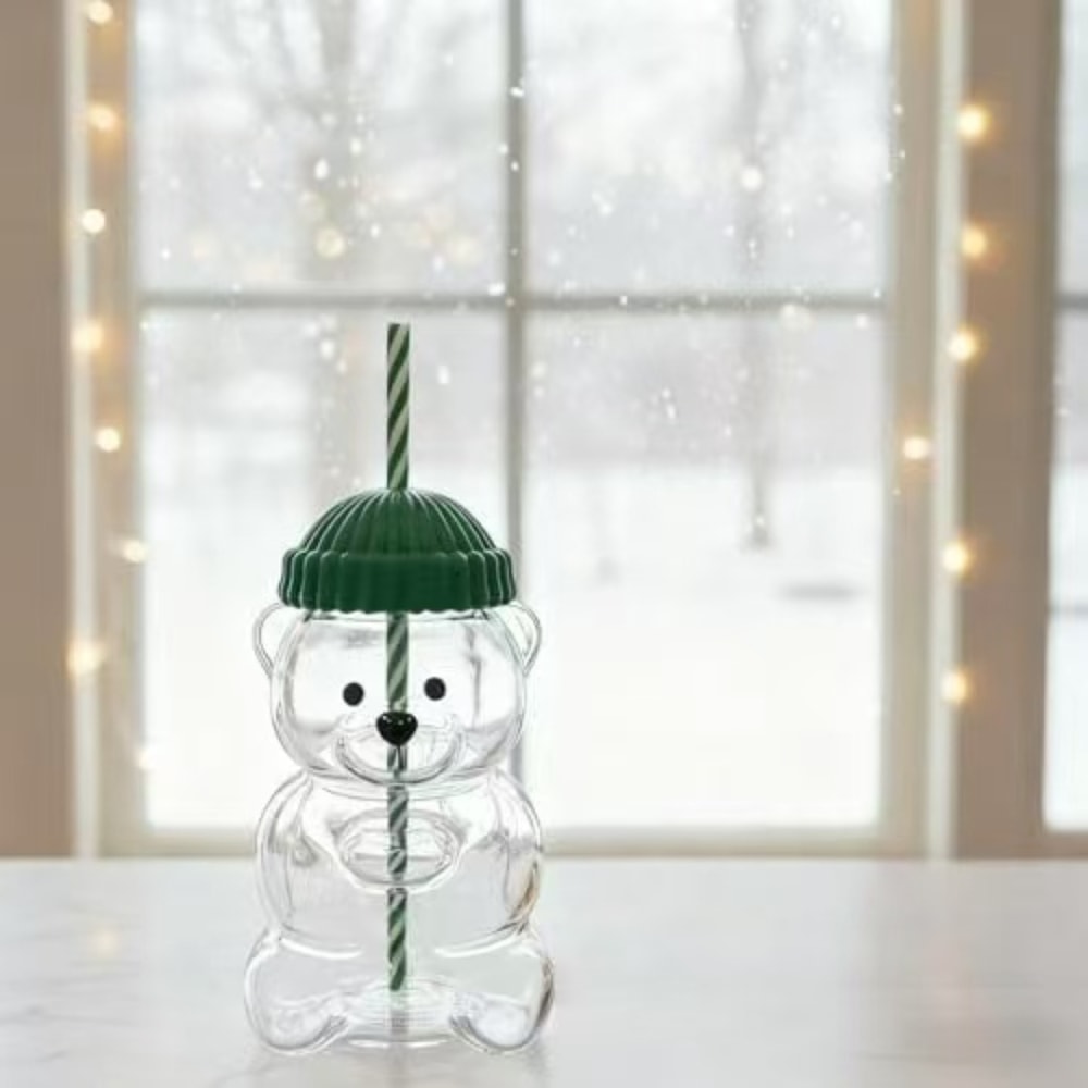 New Cartoon Bear Shaped Coffee Mug Cute Bear Mug Glass Cup With Straw Transparent Milk Coffee Water 0