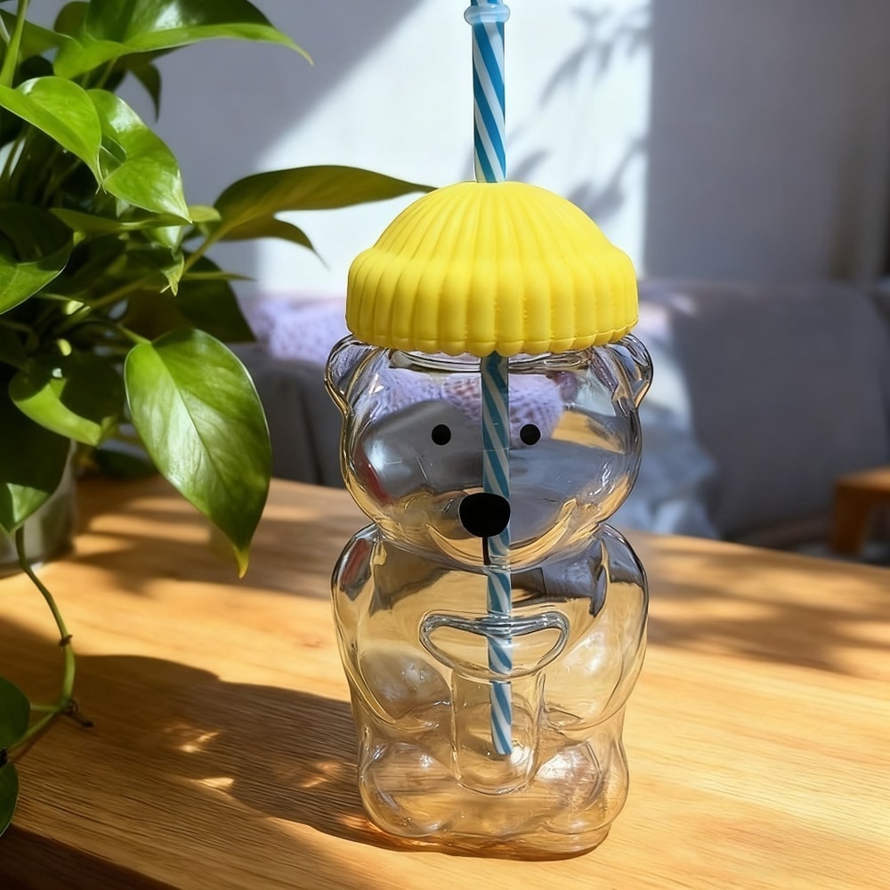 New Cartoon Bear Shaped Coffee Mug Cute Bear Mug Glass Cup With Straw Transparent Milk Coffee Water 2