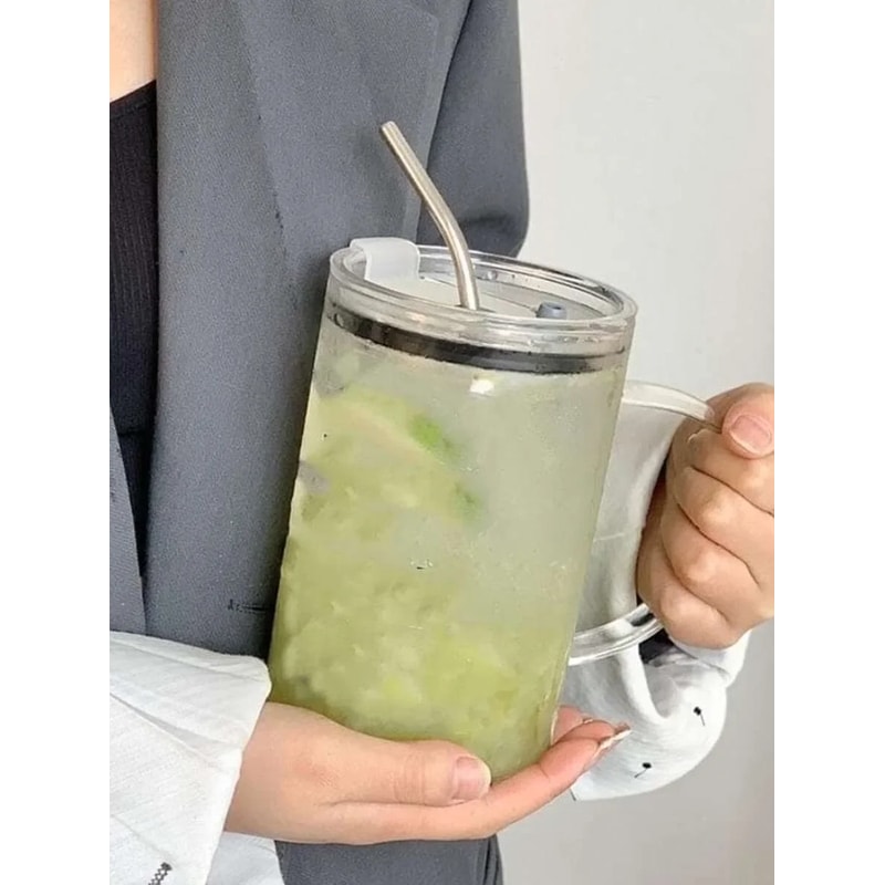 Drinking Glass Tumbler, With Lid And Straw Glass Coffee Cup, Transparent Juice Mocha Cups Glass Mug