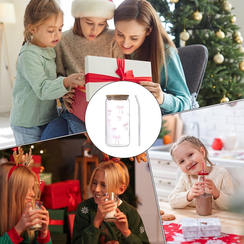 Cute Aesthetic Bow Shape Glass Cup with Lid, Straw Drinkware Iced Coffee Tumbler Matcha Tea Bottle Girls Gift