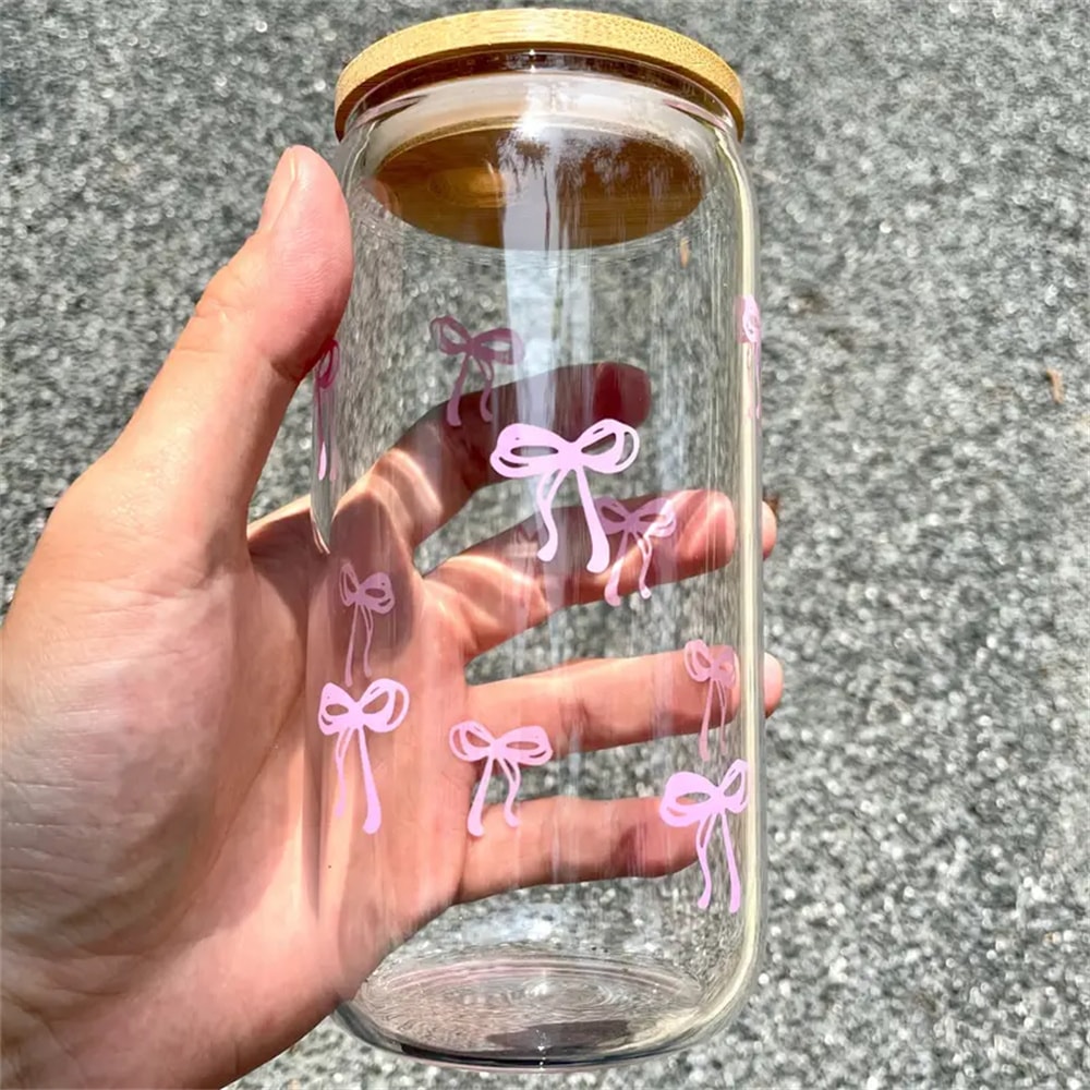 Cherry Bow Glass Tumbler Mason Jar Shaped Water Bottle With Lid And Straw For Iced Coffee Juice 6