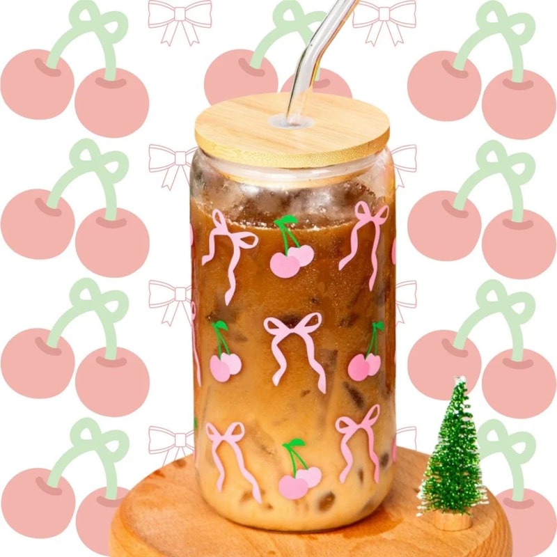 Cherry Bow Glass Tumbler Mason Jar Shaped Water Bottle With Lid And Straw For Iced Coffee Juice 2