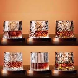 crystal whiskey glasses rotating spinning, tumbler whiskey glass with base, wine brandy glass cup drinkware for bar home