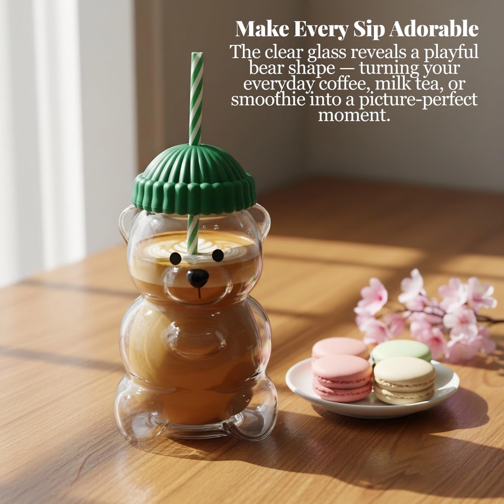 Homey Bear Straw Cup Bear Glass Cup With Lid And Straw Cute Bears Coffee Tumbler For Juice Milk Te 3